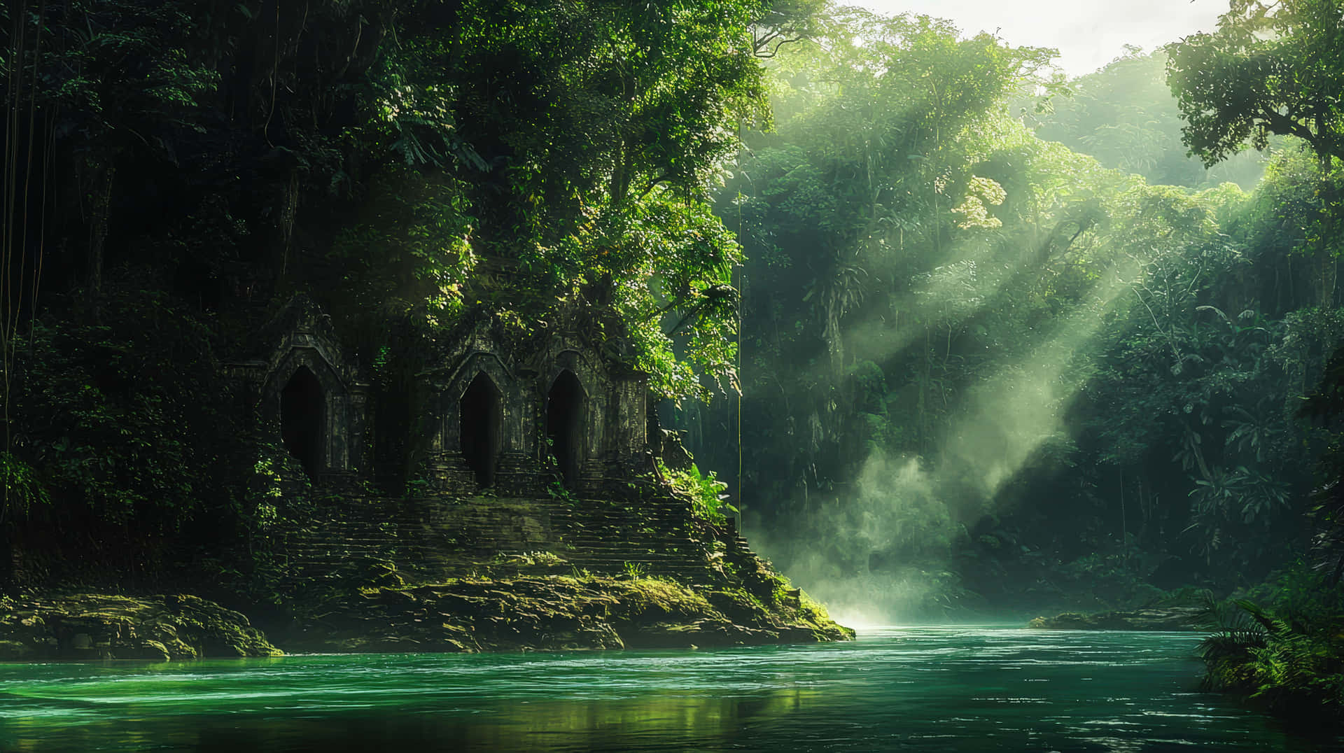 Mysterious Ancient Temple Surrounded by Dense Jungle with Sun Rays and Misty Greenery 壁紙 — 陽光穿過茂密的叢林樹冠，照亮了從碧綠河流升起的薄霧，旁邊是長滿苔蘚的古老石頭遺跡。
