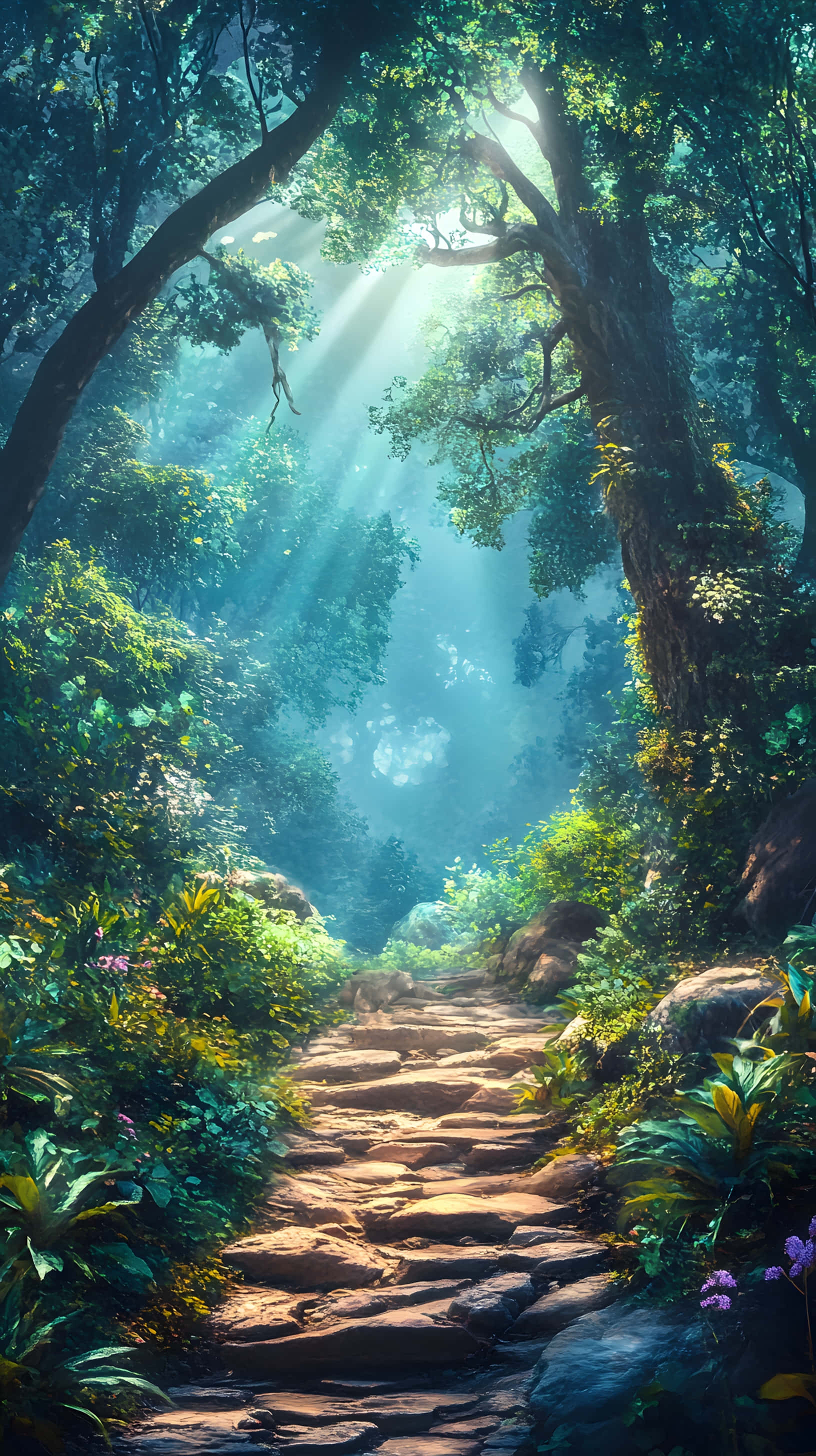 Path 桌布 壁紙 — 陽光穿過茂密的樹冠，照在一條長滿青苔的石徑上，蜿蜒進入霧氣瀰漫的叢林。