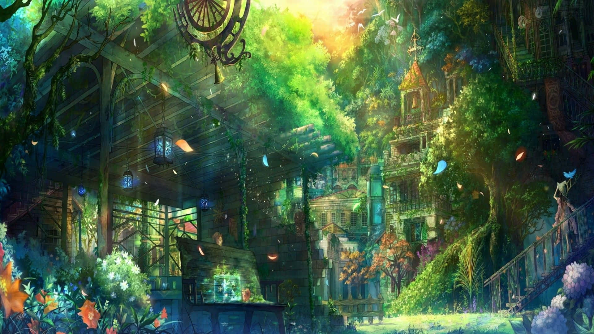 Green Anime 桌布 壁紙 — 陽光穿過茂密的綠植，灑進一個生機勃勃、雜草叢生的花園，園中掛著燈籠，鮮花盛開。