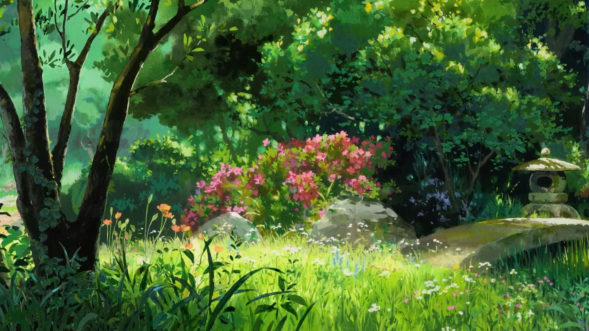 一個陽光明媚的花園，有樹木、鮮花和石燈籠 — 吉卜力工作室 GIF 壁紙