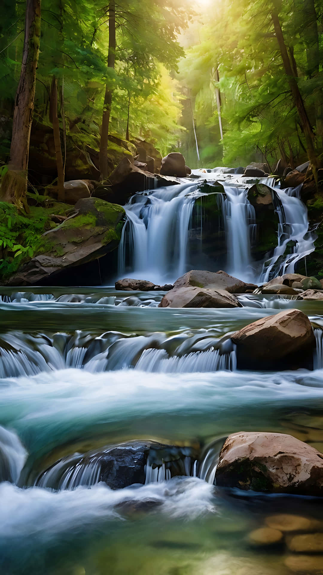 Nature’s Symphony – The Flow of Serenity. smartphone wallpaper 壁紙 — 陽光穿過茂密的綠色森林，照亮了層疊的瀑布，流過長滿苔蘚的岩石，匯入碧綠色的水池。