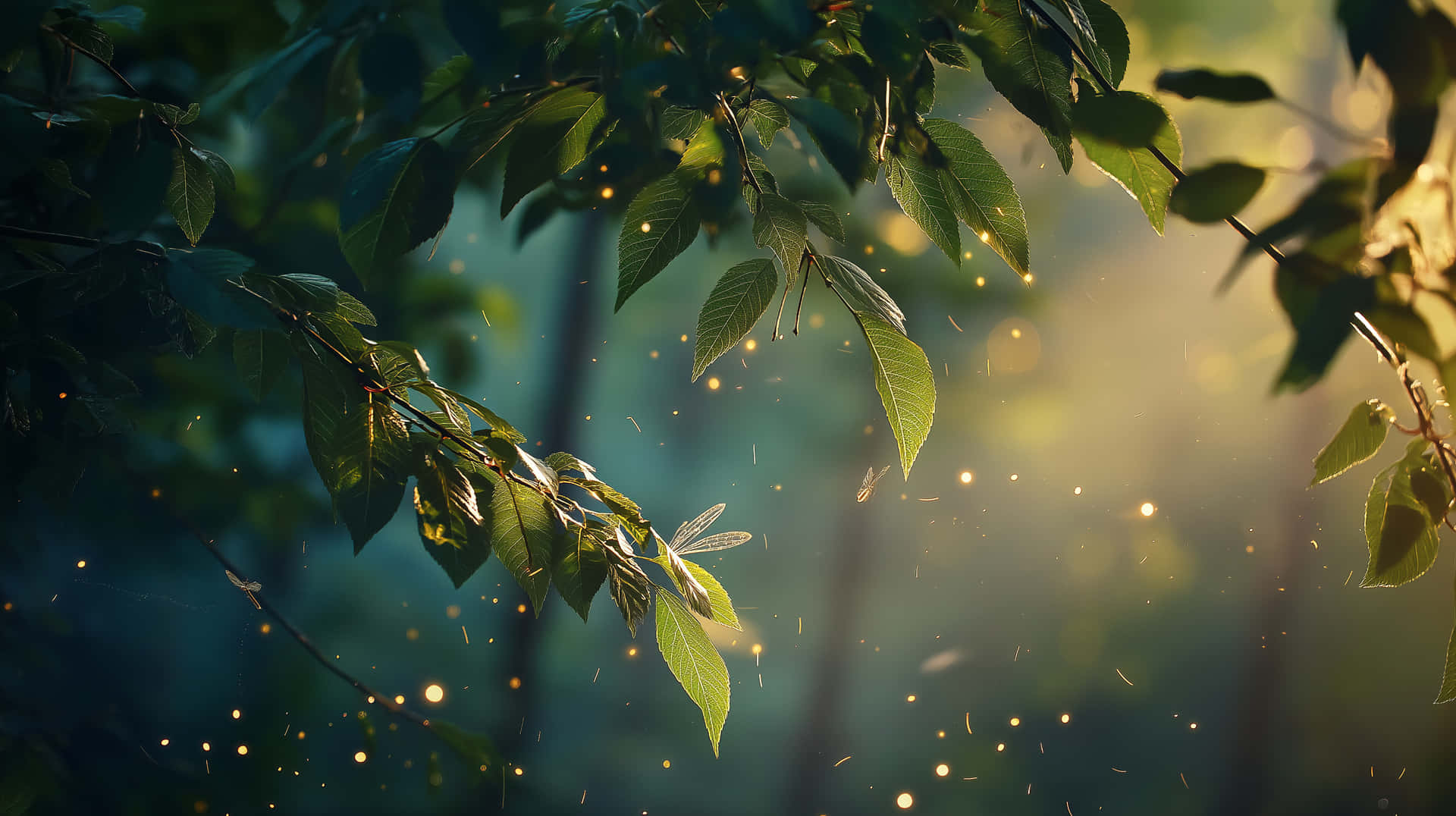 Whispers of the Forest: Glowing Leaves and Enchanted Light 壁紙 — 陽光穿過茂密的綠葉，在寧靜的森林中營造出帶有漂浮金色粒子的神奇光芒。