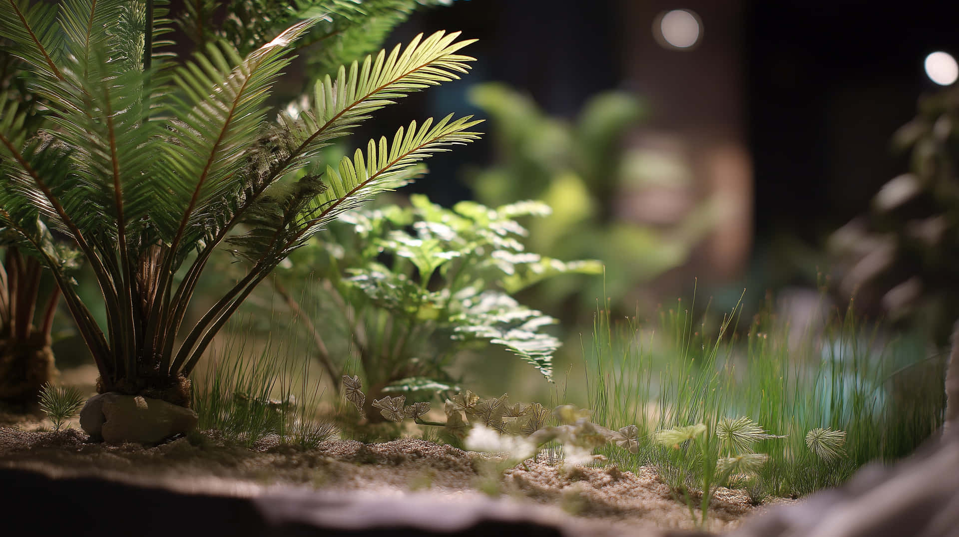 Jurassic Ferns 壁紙 — 陽光穿過茂密的蕨類植物和草叢，在一個細節豐富的微型森林立體模型中，背景柔和散景。