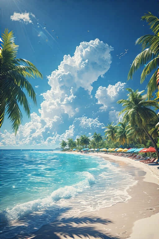 Tropical Beach Paradise with Palm Trees Stunning Summer 4K 壁紙 — 陽光穿過蓬鬆的白雲，灑在碧綠的海水上，海水拍打著沙灘，沙灘上種滿了棕櫚樹和色彩繽紛的遮陽傘。