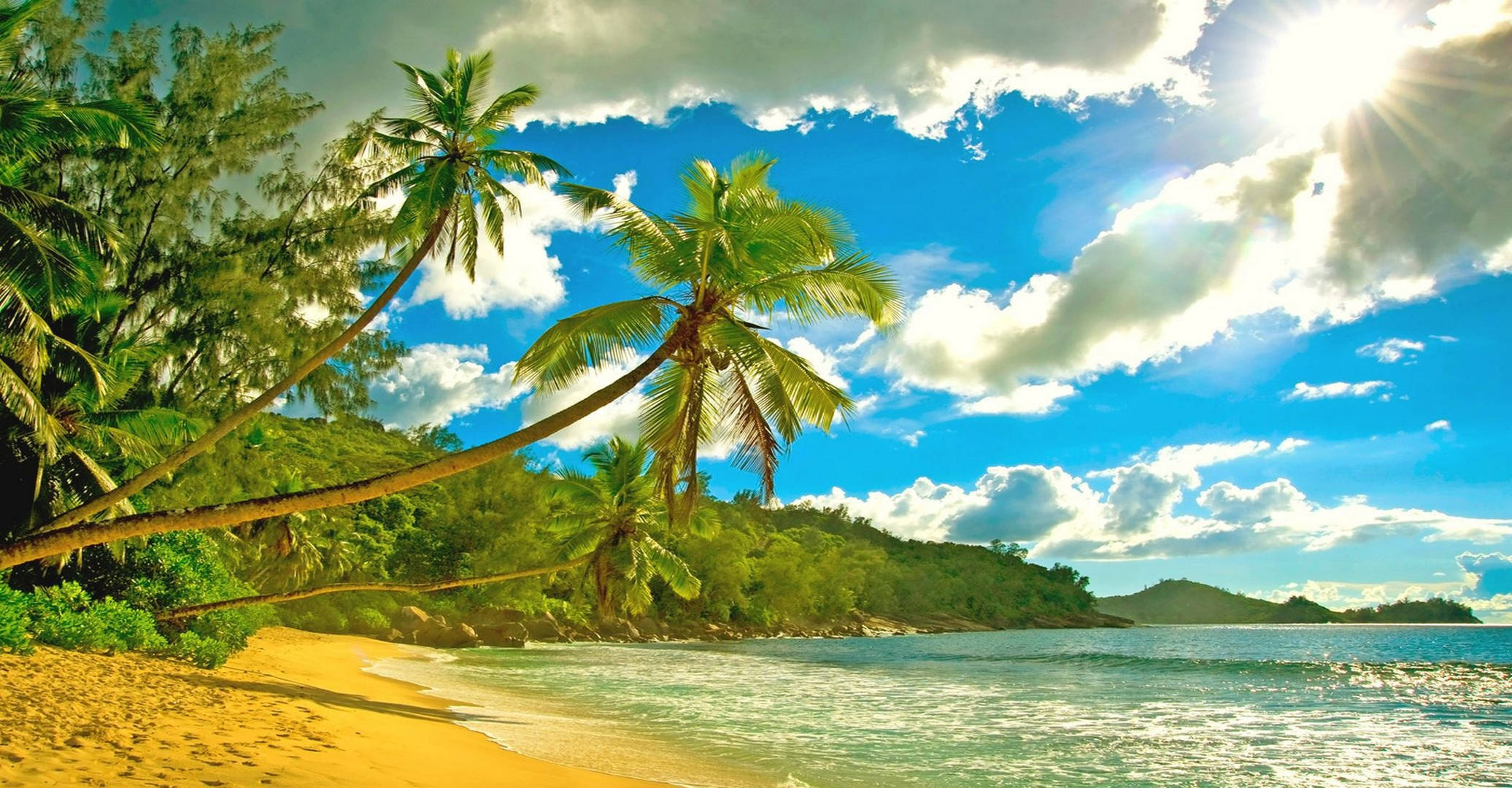 Seychelles 桌布 壁紙 — 陽光穿過蓬鬆的雲層，灑在金色沙灘上，沙灘兩旁種滿了傾斜的棕櫚樹，還有碧綠色的海浪。