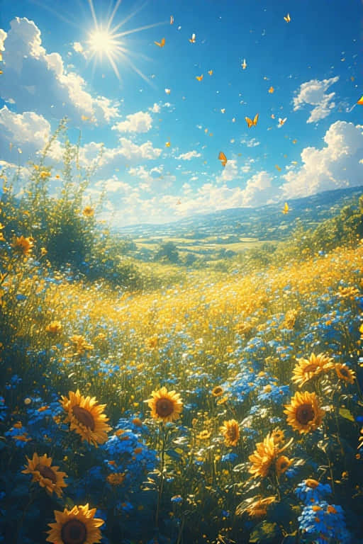 Aesthetic Summer Wildflower Field 壁紙 — 陽光穿過蓬鬆的雲層，照耀在充滿活力的向日葵和藍色花朵田野上，蝴蝶翩翩飛舞。