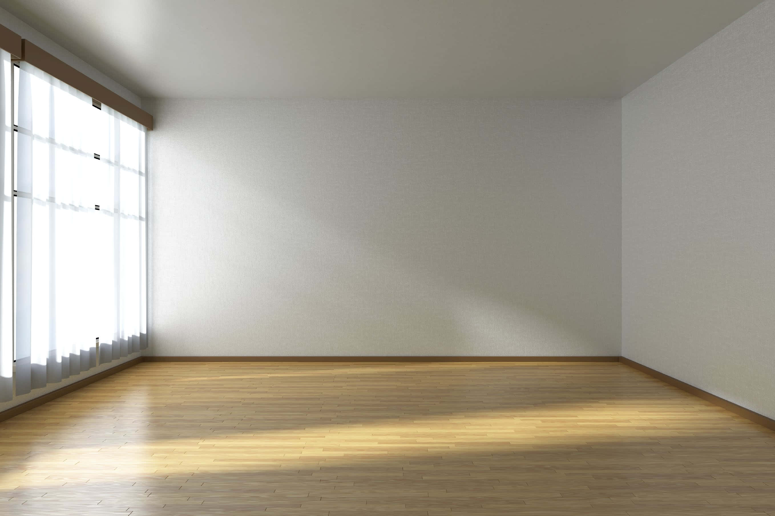 Empty Room 桌布 壁紙 — 陽光穿過薄紗窗簾，在簡約風格的空房間中投下柔和陰影，房間鋪有淺色木地板和白色牆壁。