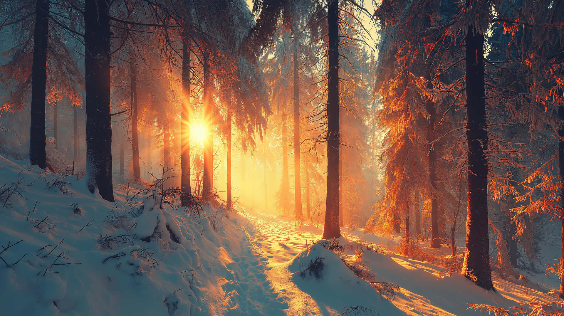 Golden Sunrise Over a Pristine Winter Forest Landscape 壁紙 — 陽光穿過覆蓋著雪的松樹，在寧靜的冬季森林小徑上投射出金色的光芒。