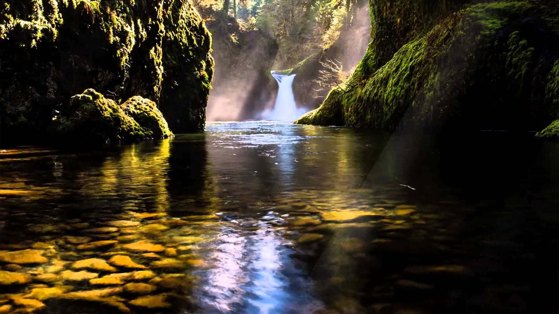 3d Waterfall 桌布 壁紙 — 陽光穿過長滿苔蘚的峽谷，照亮了傾瀉而下的瀑布和下方反射的河流。