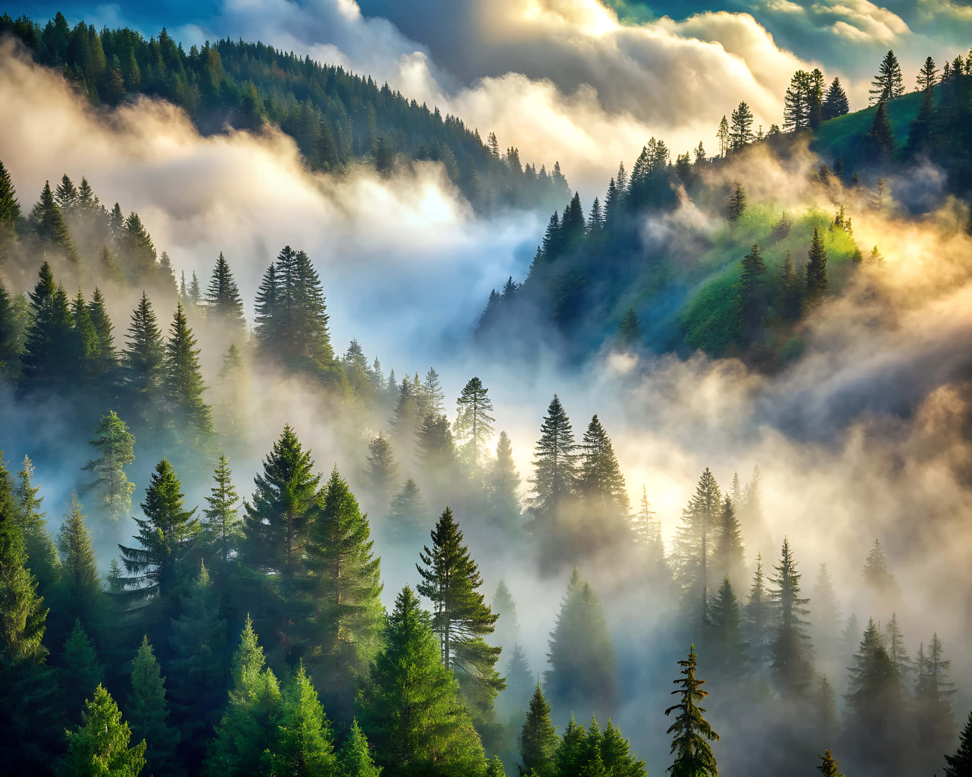 Trees with fog 壁紙 — 陽光穿過雲層，照亮了坐落在霧氣繚繞的山谷中的茂密松林。