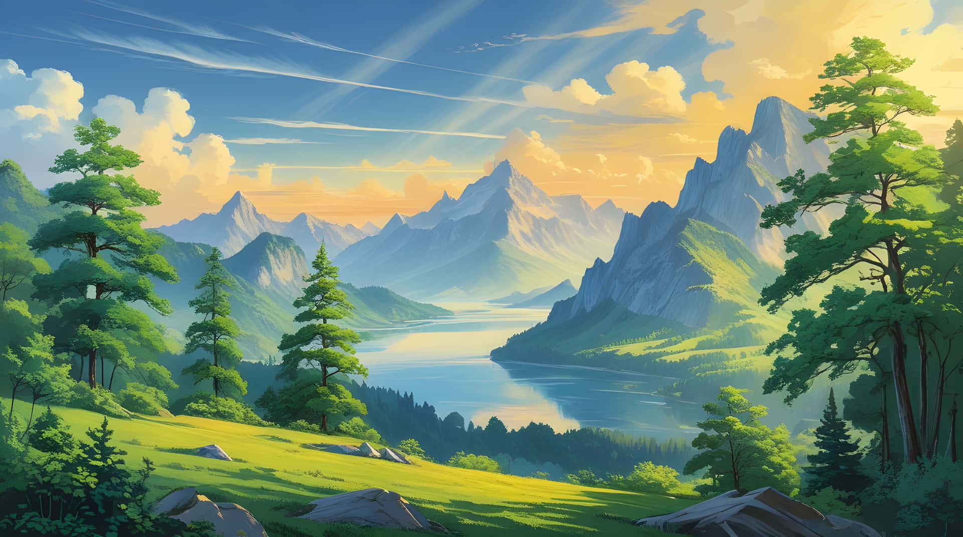 Beautiful nature landscape 壁紙 — 陽光穿過雲層，照射在一個寧靜的湖泊上，湖泊坐落在高聳的綠色山脈和松樹之間。