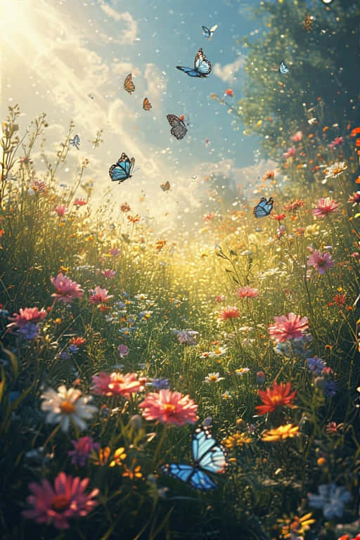 Butterflies in Summer Meadow Dreamy 4K 壁紙 — 陽光穿過雲層，照耀在充滿生機的草地上，草地上開滿了色彩繽紛的野花，藍色的蝴蝶翩翩飛舞。