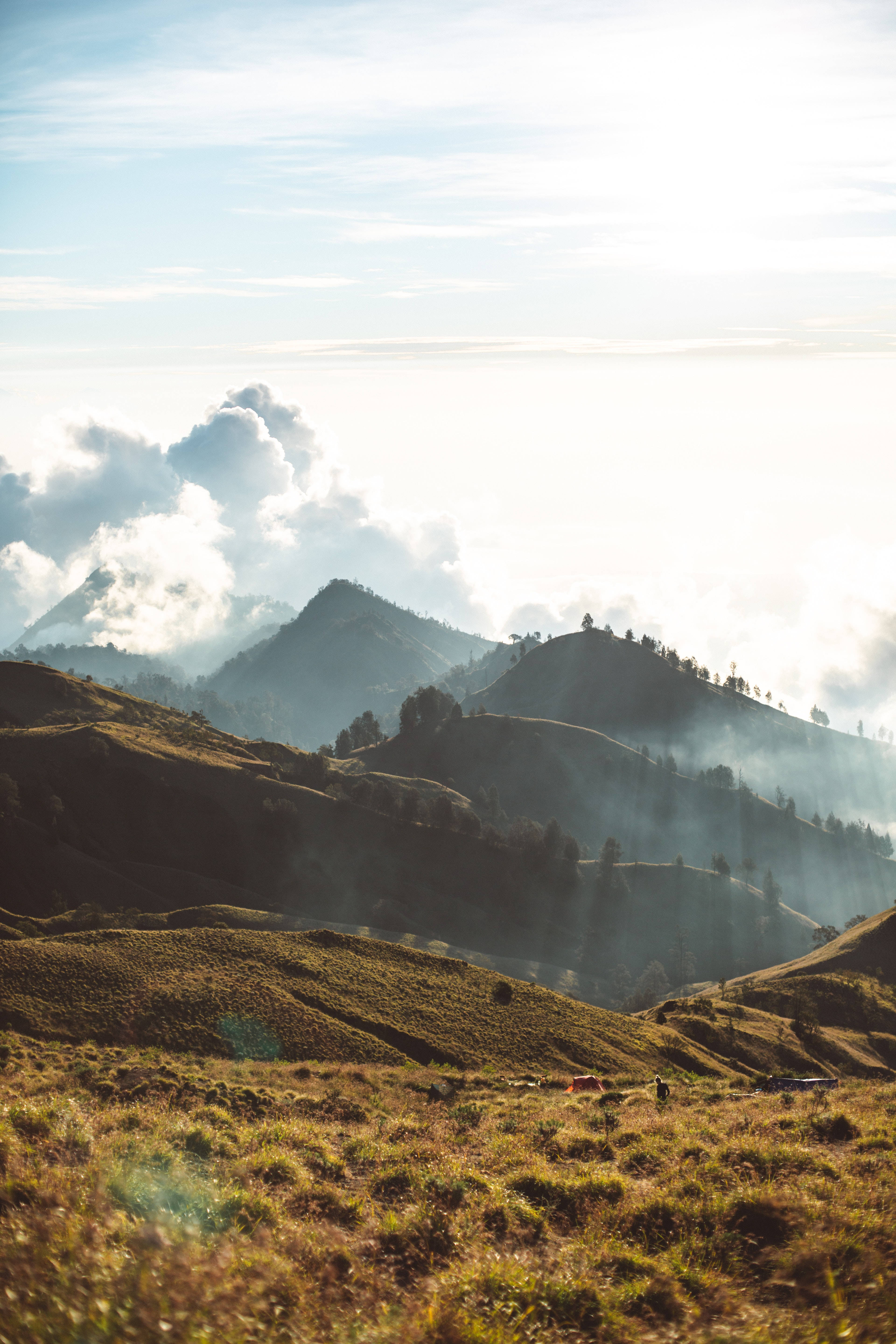 View 桌布 壁紙 — 陽光穿過雲層，照耀在霧氣繚繞的山脊上，前景是金色的草原。