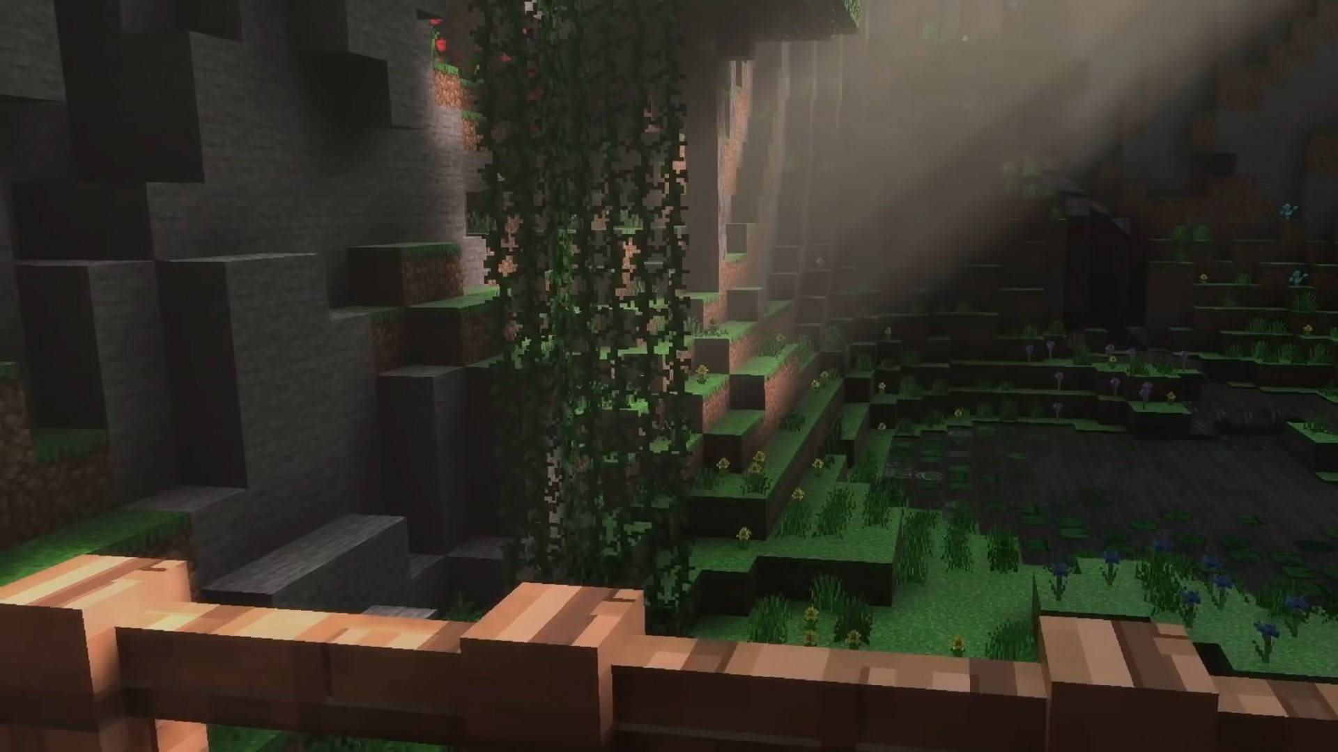 Green Screen 桌布 壁紙 — 陽光穿過霧氣瀰漫的Minecraft叢林，高聳的藤蔓和方塊狀地形清晰可見。