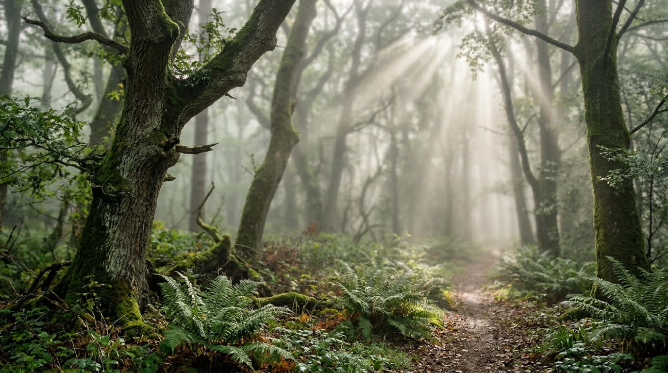風景 桌布 壁紙 — 陽光穿過霧氣瀰漫的樹木，照亮了一條長滿苔蘚、兩旁佈滿蕨類植物和古老樹幹的森林小徑。