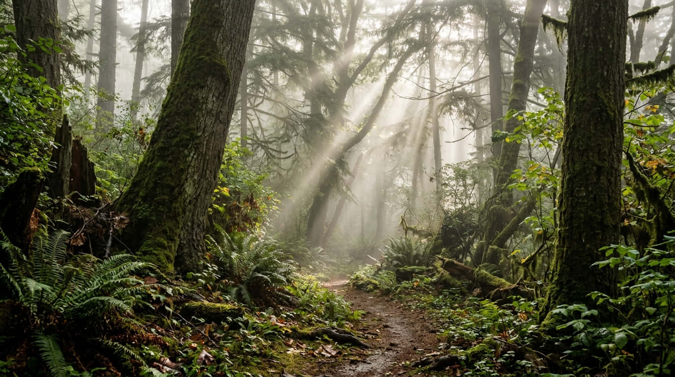 風景 桌布 壁紙 — 陽光穿過霧氣瀰漫的樹木，照亮了一條被蕨類植物和高聳樹幹包圍的長滿苔蘚的森林小徑。