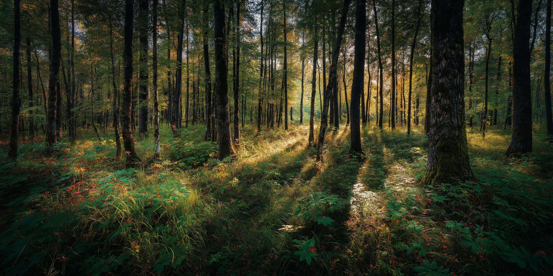 Forest Serenity 壁紙 — 陽光穿過高大的樹木，在長滿苔蘚的森林地面上投下金色的光束，點綴著野花。