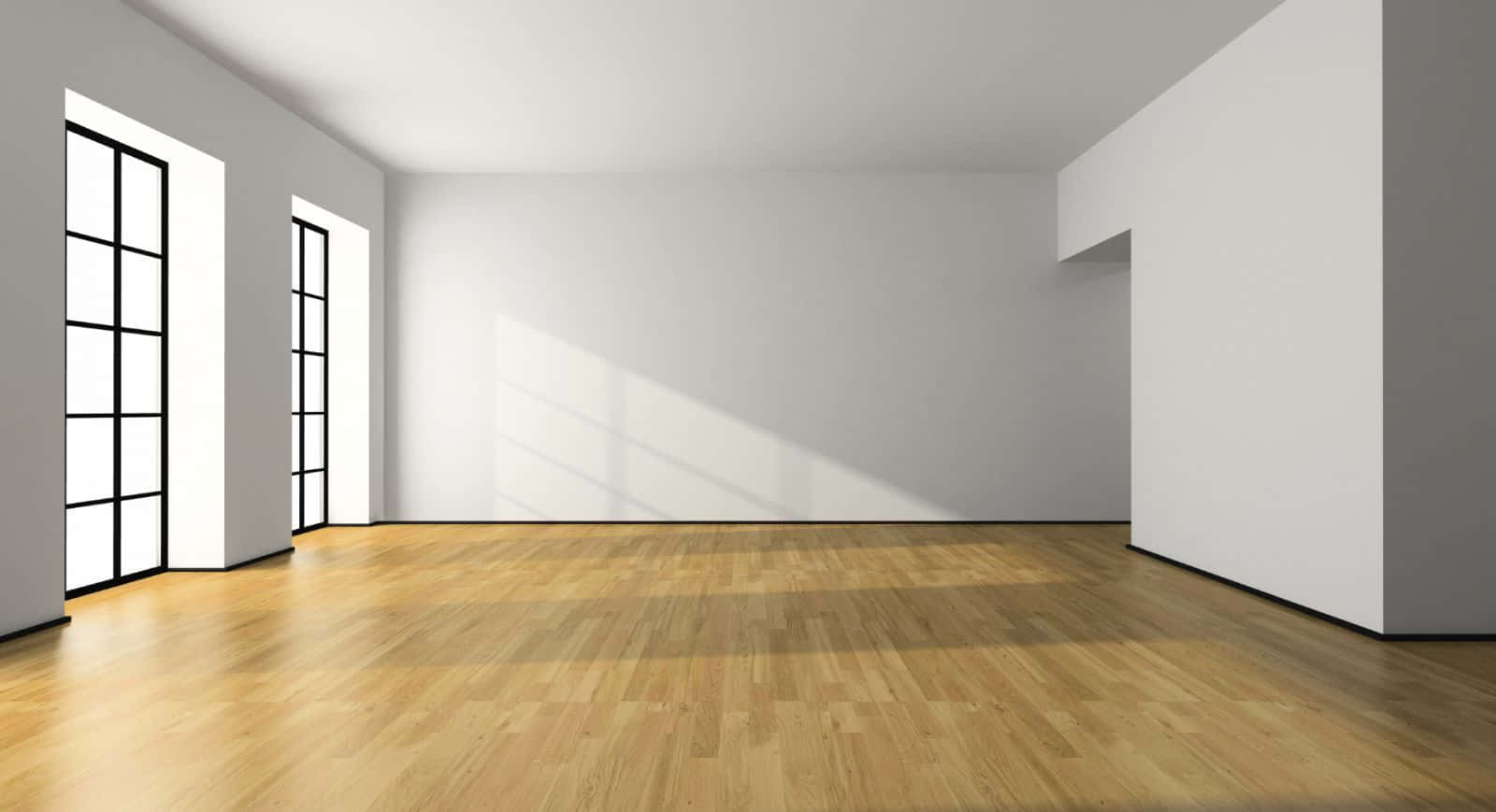 Empty Room 桌布 壁紙 — 陽光穿過高窗，在簡約風格的空房間中投下銳利陰影，房間鋪有淺色木地板和白色牆壁。