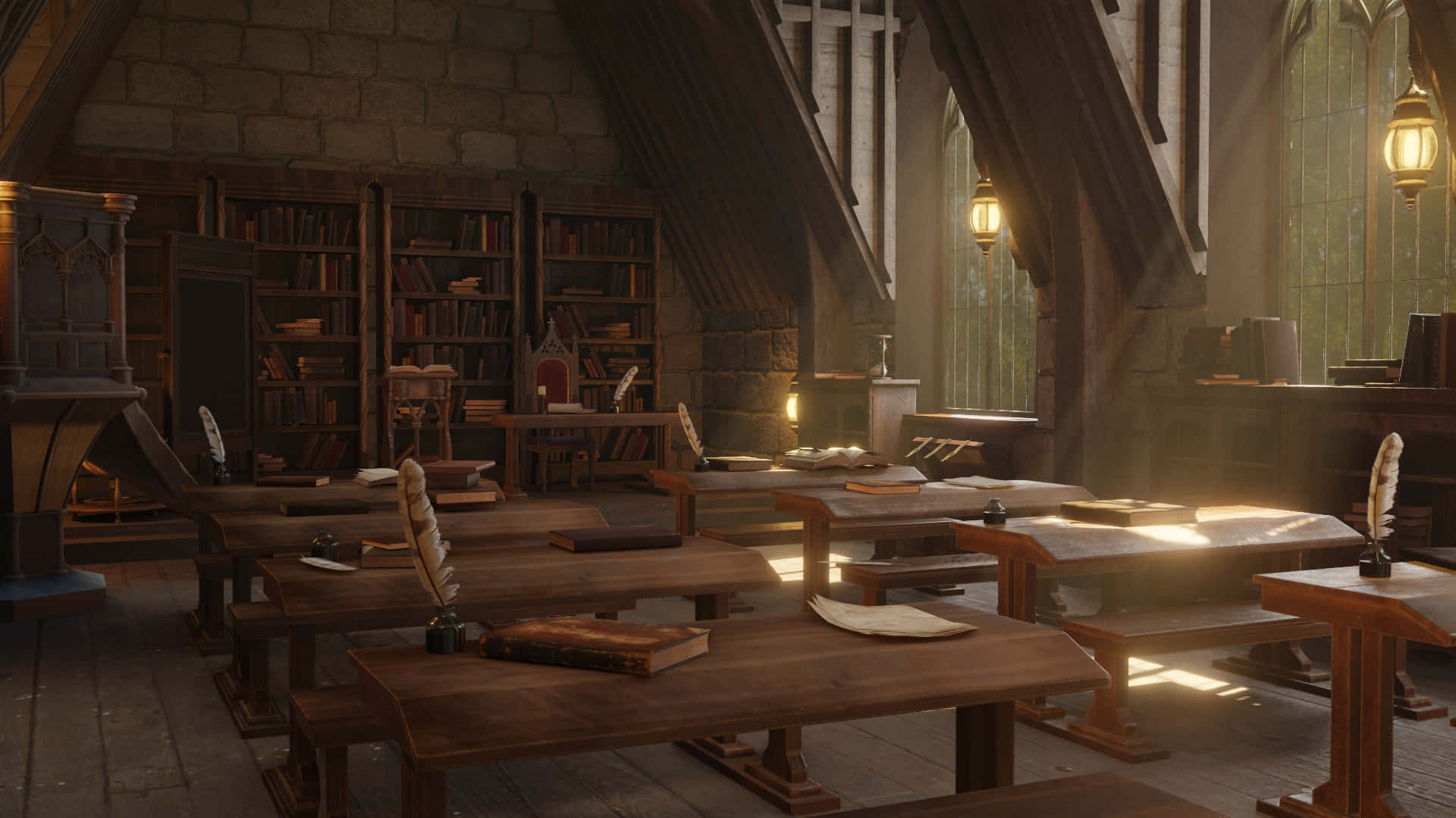 The Hogwarts Dark Arts Classroom 桌布 壁紙 — 陽光穿過高窗，照亮中世紀石造圖書館中的木桌和書架。