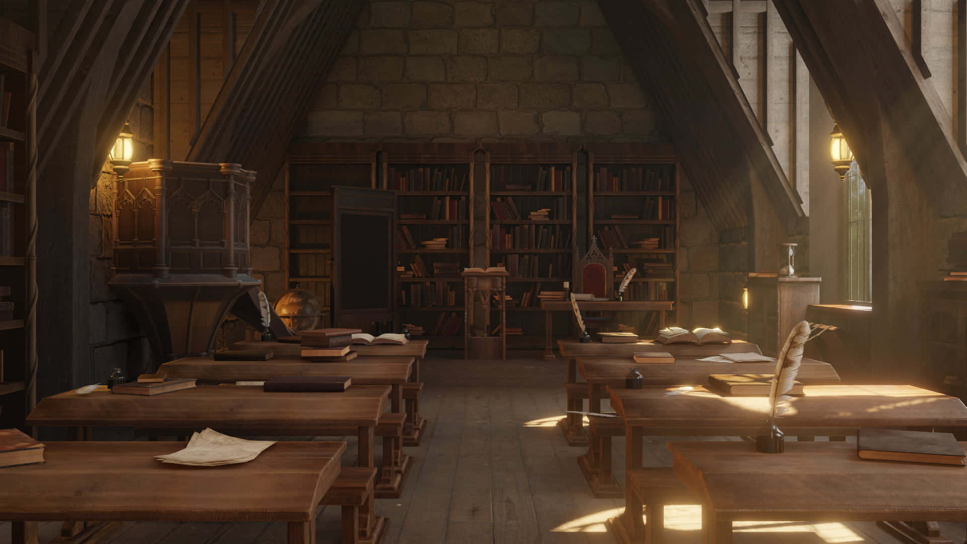 The Hogwarts Potions Class 桌布 壁紙 — 陽光穿過高窗照射著舒適的中世紀風格書房中的木製書桌和書架。