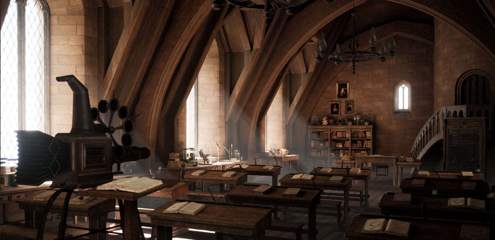 The Hogwarts Potions Class 桌布 壁紙 — 陽光穿過高窗照射進一個宏偉的石造大教堂教室，裡面擺滿了木製書桌和古籍。