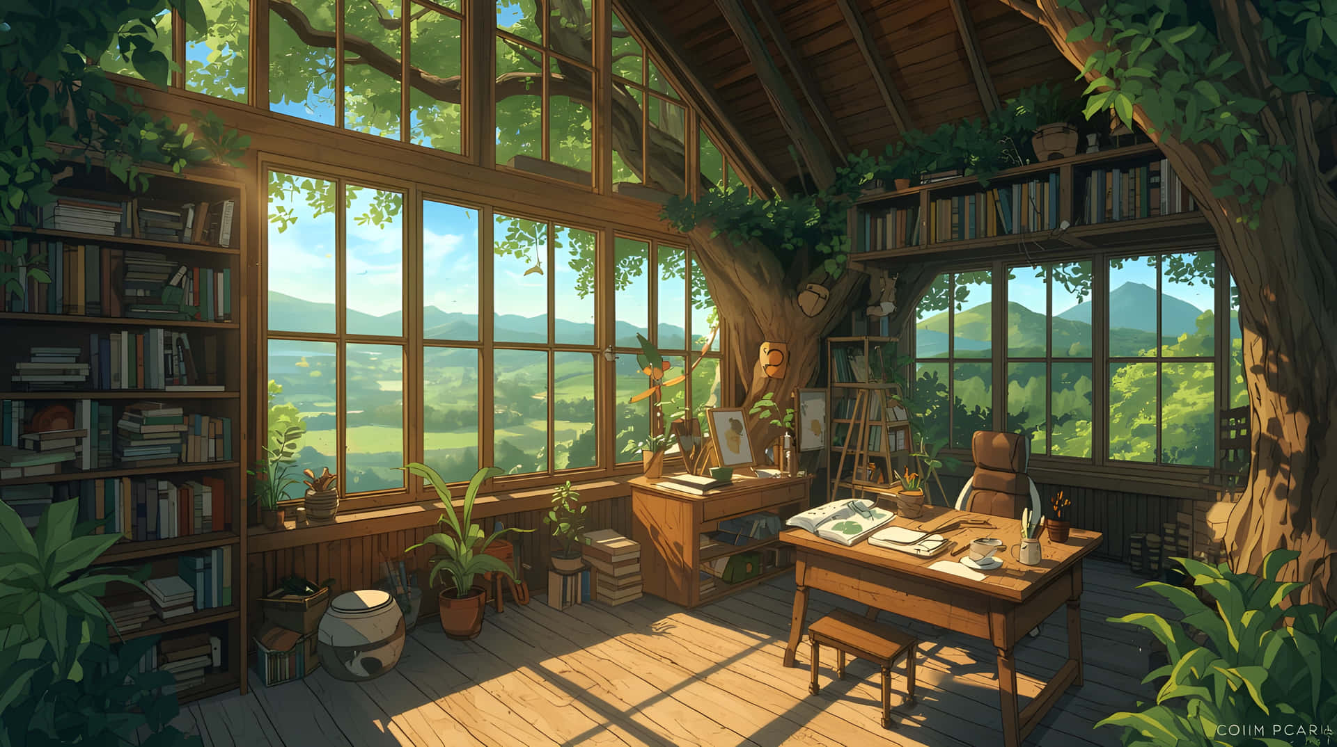 Cozy Treehouse Library with Mountain View Wallpaper 壁紙 — 陽光穿過高窗照射進來，照亮了一個舒適的木製書房，它藏在巨樹內，配有書架和書桌，俯瞰著綠色的山丘。