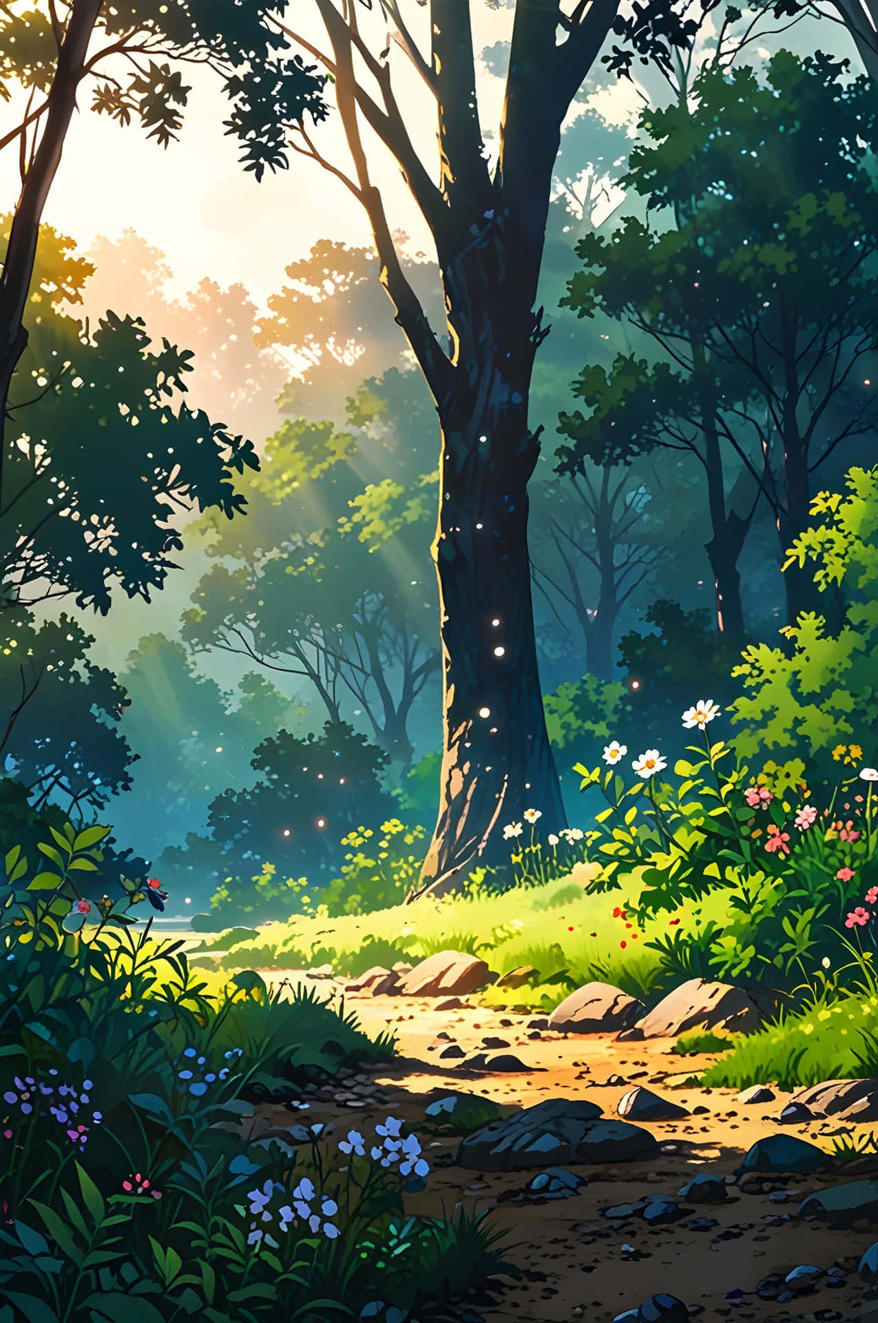 Morning Light in the Deep Woods 壁紙 — 陽光穿過高聳的樹木，將金色的光線投射在長滿苔蘚的森林地面上，點綴著野花和發光的螢火蟲。