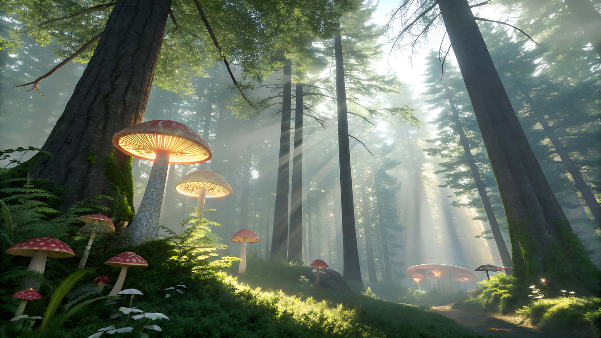 Enchanted Forest with Glowing Red Mushrooms 壁紙 — 陽光穿過高聳的樹木，照亮了霧氣繚繞的魔法森林中發光的紅色蘑菇。