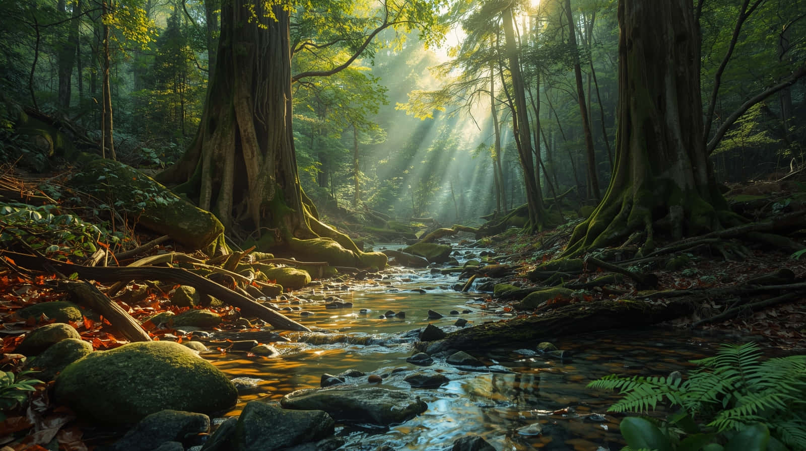 Enchanted Mossy Forest with Golden Sunlight and Stream Wallpaper 壁紙 — 陽光穿過高聳的樹木，照亮長滿苔蘚的森林地面和清澈的溪流，溪流在岩石上流淌。