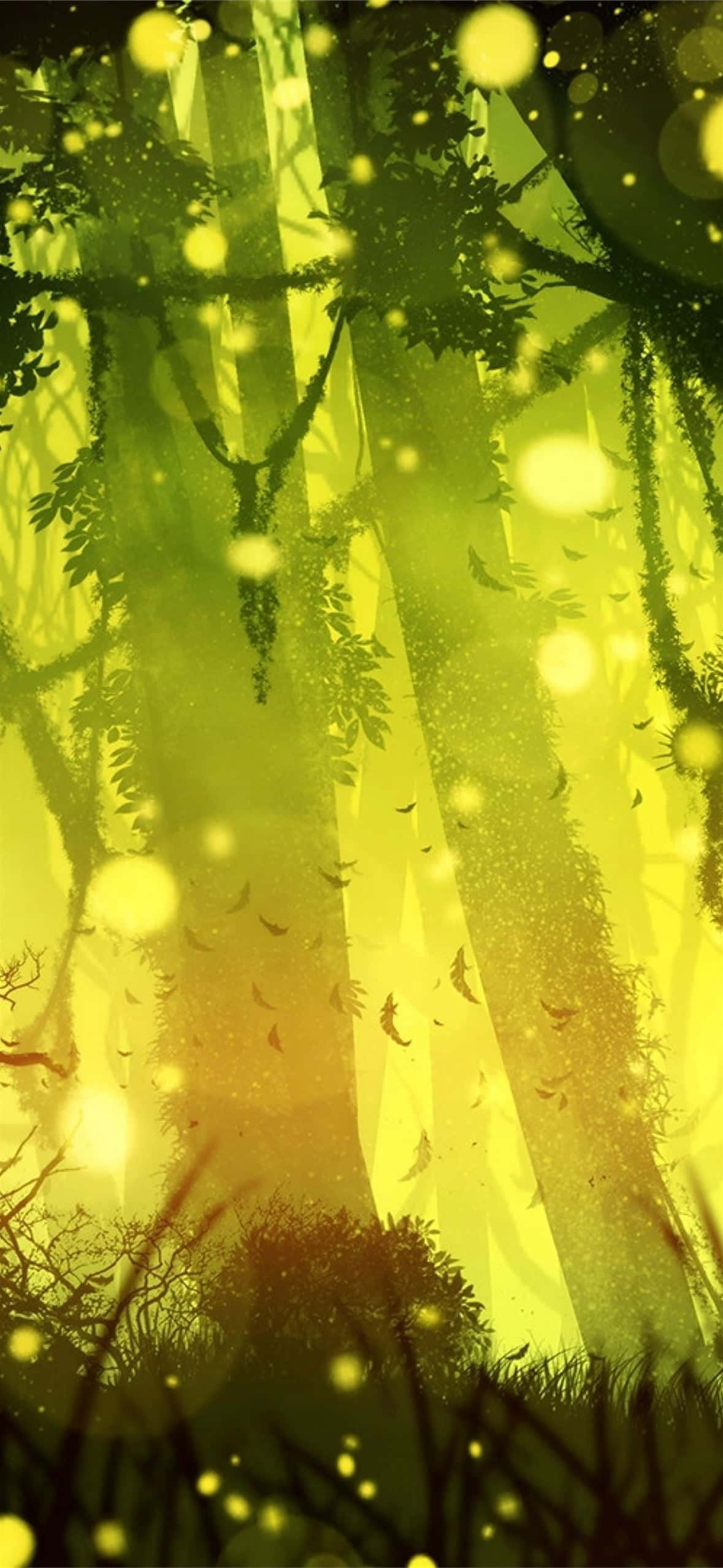 Firefly HD 桌布 壁紙 — 陽光穿過高聳的樹木，照射在一個神秘森林中，森林閃耀著金色光芒和漂浮的球體。