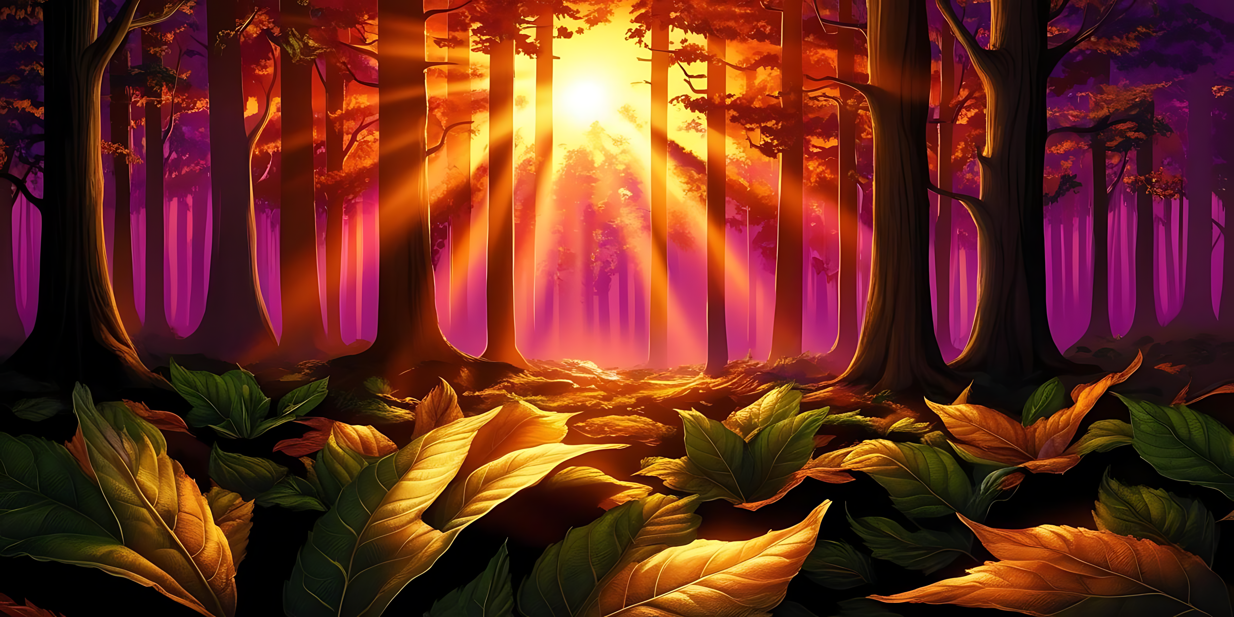 enchanted 桌布 壁紙 — 陽光穿過高聳的樹木，照射在神秘的森林中，地面有紫色的陰影和金黃色的落葉。