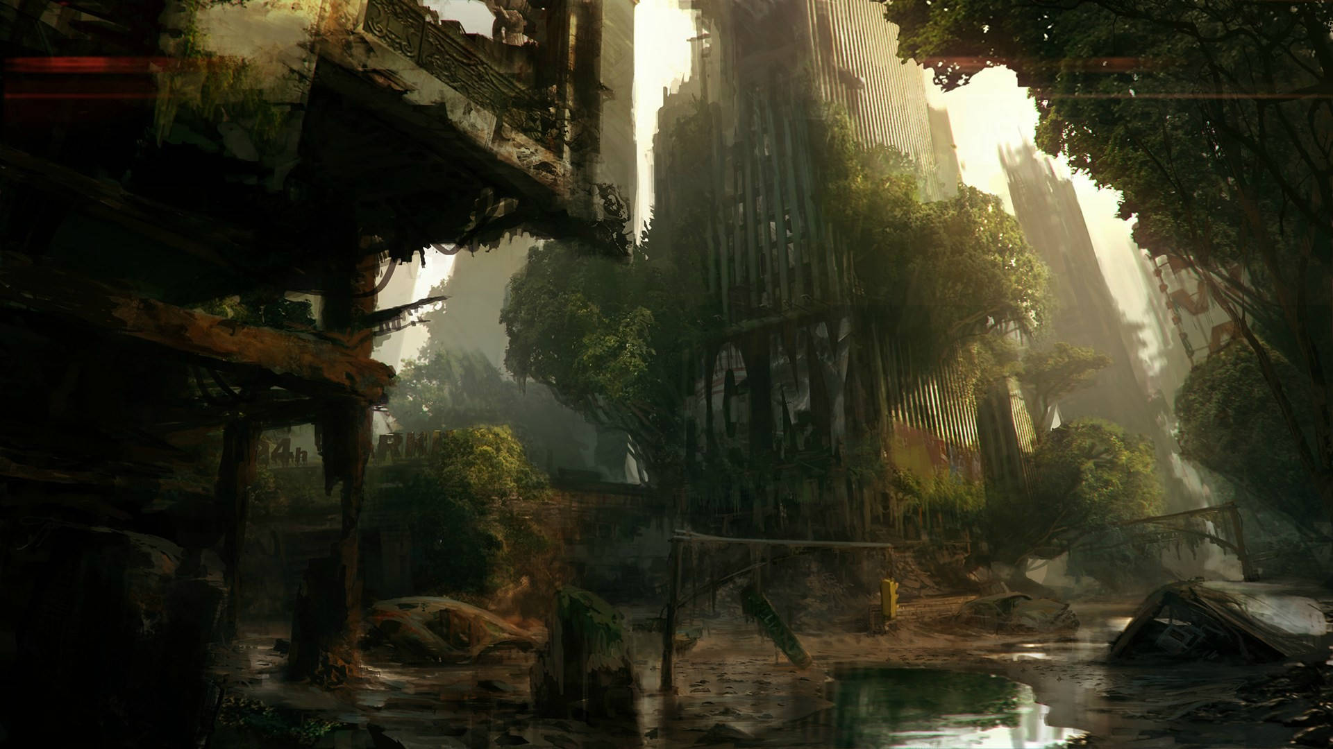 Crysis 3 桌布 壁紙 — 陽光穿過高聳的樹木，重新佔領了廢棄的未來城市景觀，到處是雜草叢生的建築物和反射的水坑。