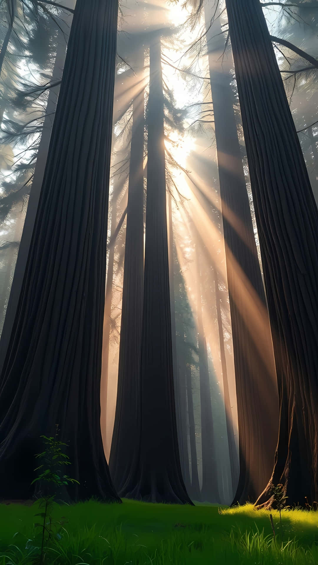 Sunlight Rays Through Tall Forest Trees 壁紙 — 陽光穿過高聳的紅杉樹，將金色光線投射在充滿活力的綠色森林地面上。