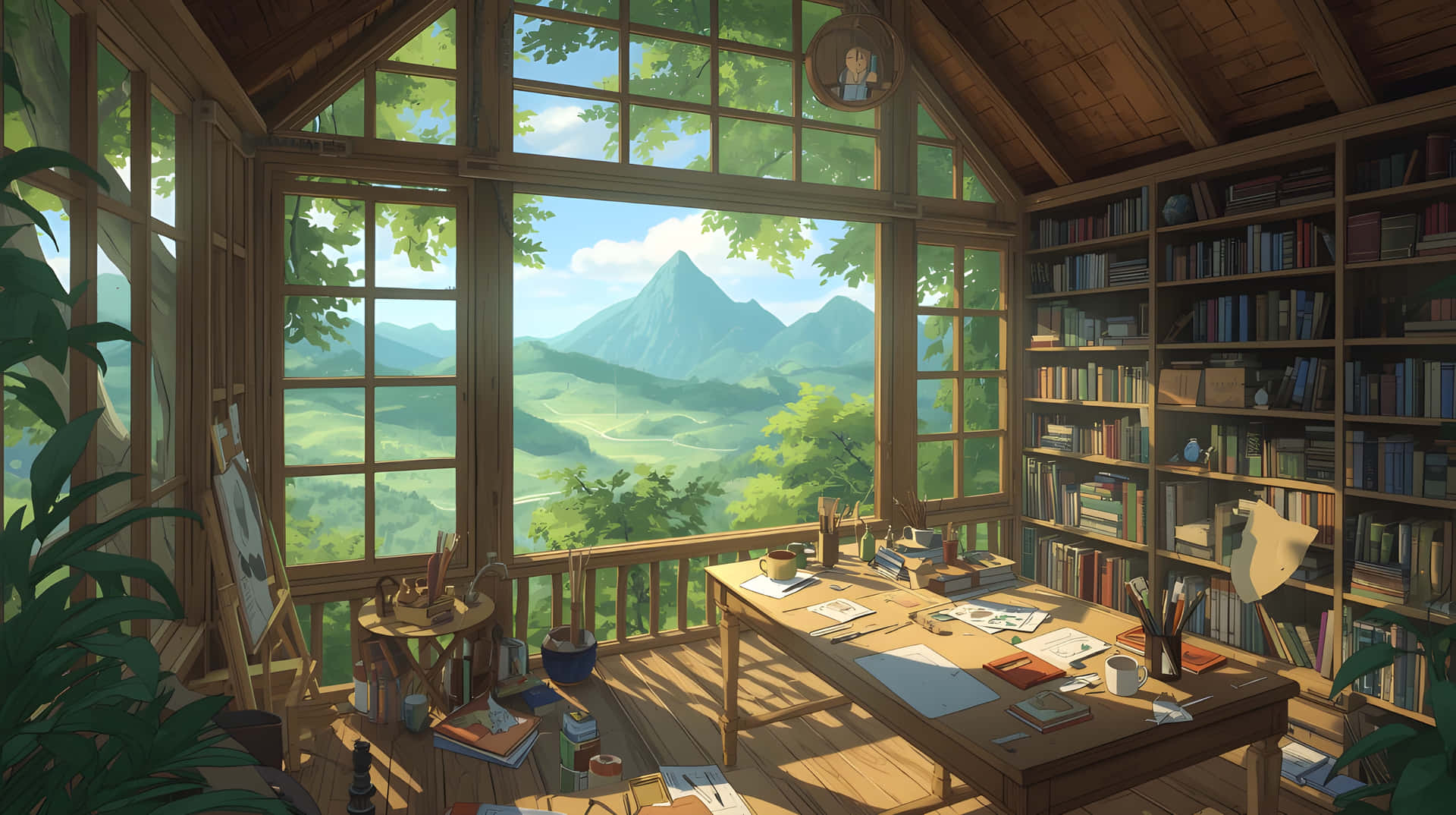 Aesthetic Study Room in Nature with Bookshelves Wallpaper 壁紙 — 陽光透過大窗戶灑進一個木製工作室，裡面充滿了書籍、藝術用品，以及綠色山丘和遠處山峰的景色。