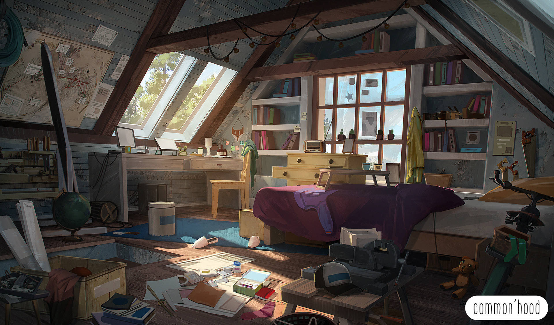 Bedroom 桌布 壁紙 — 陽光透過天窗灑進一個雜亂的閣樓臥室，裡面堆滿了書籍、美術用品和一張紫色的床。