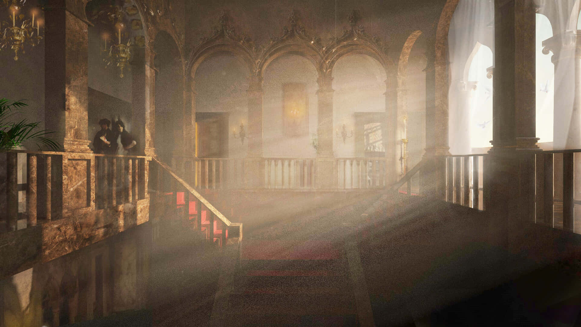 Haunted Hotels 桌布 壁紙 — 陽光透過拱形窗戶照射進來，照亮了一個宏偉、華麗且霧氣瀰漫的哥德式大廳中的灰塵微粒，大廳內有紅色地毯樓梯。