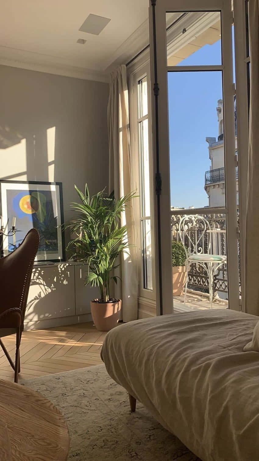Aesthetic Room 桌布 壁紙 — 陽光透過法式門灑進寧靜的巴黎臥室，室內有盆栽棕櫚樹和陽台景觀。