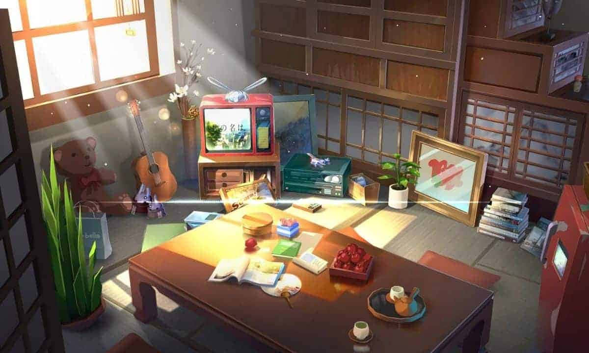 Anime Living Room 桌布 壁紙 — 陽光透過窗戶照射進來，照亮了一個舒適的傳統日式房間，裡面充滿了復古電子產品、書籍和一個放有零食的木桌。