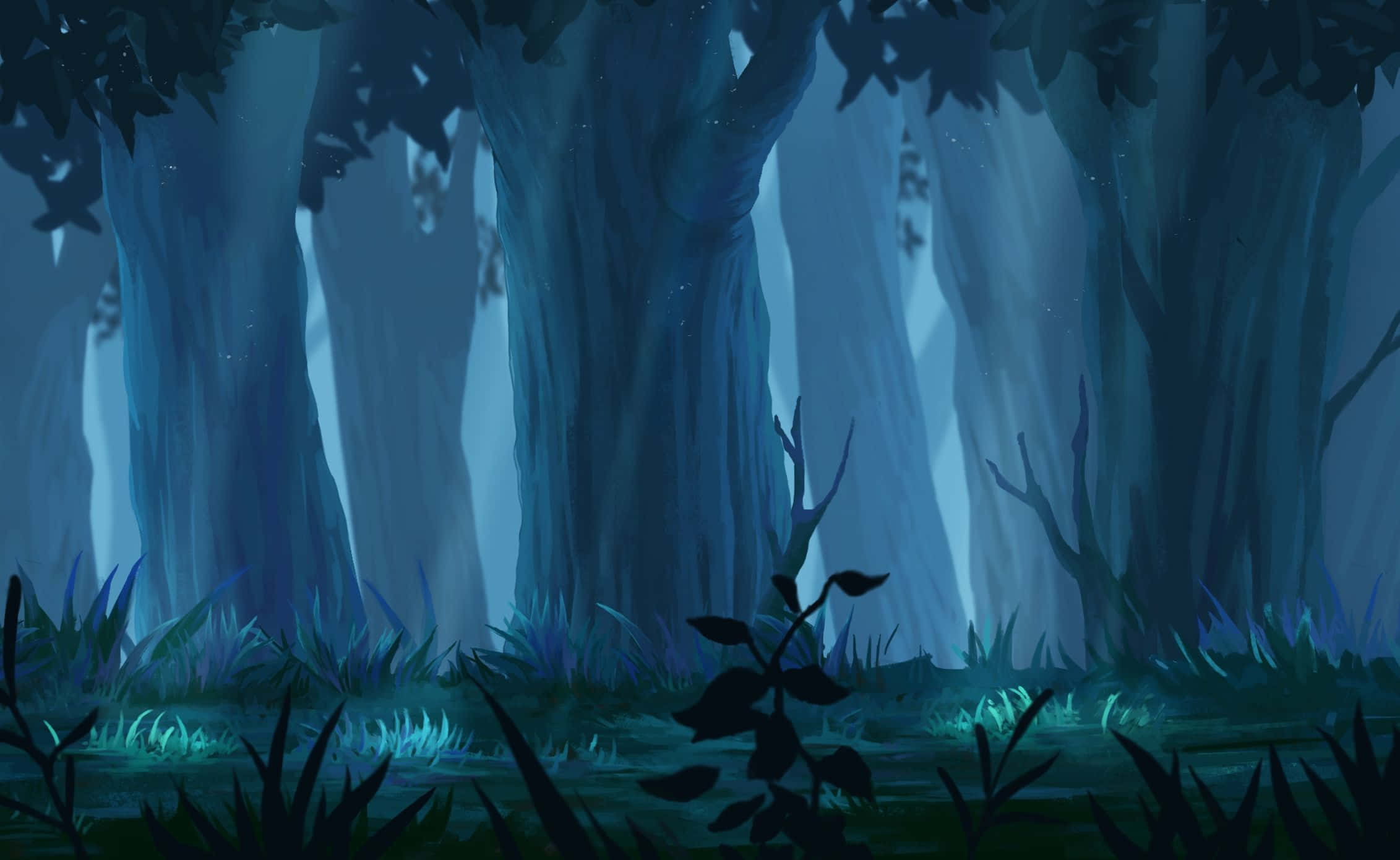 Anime Forest 桌布 壁紙 — 雄偉的古樹在霧氣瀰漫的暮色森林中高聳，散發著空靈的藍色和綠色光芒。