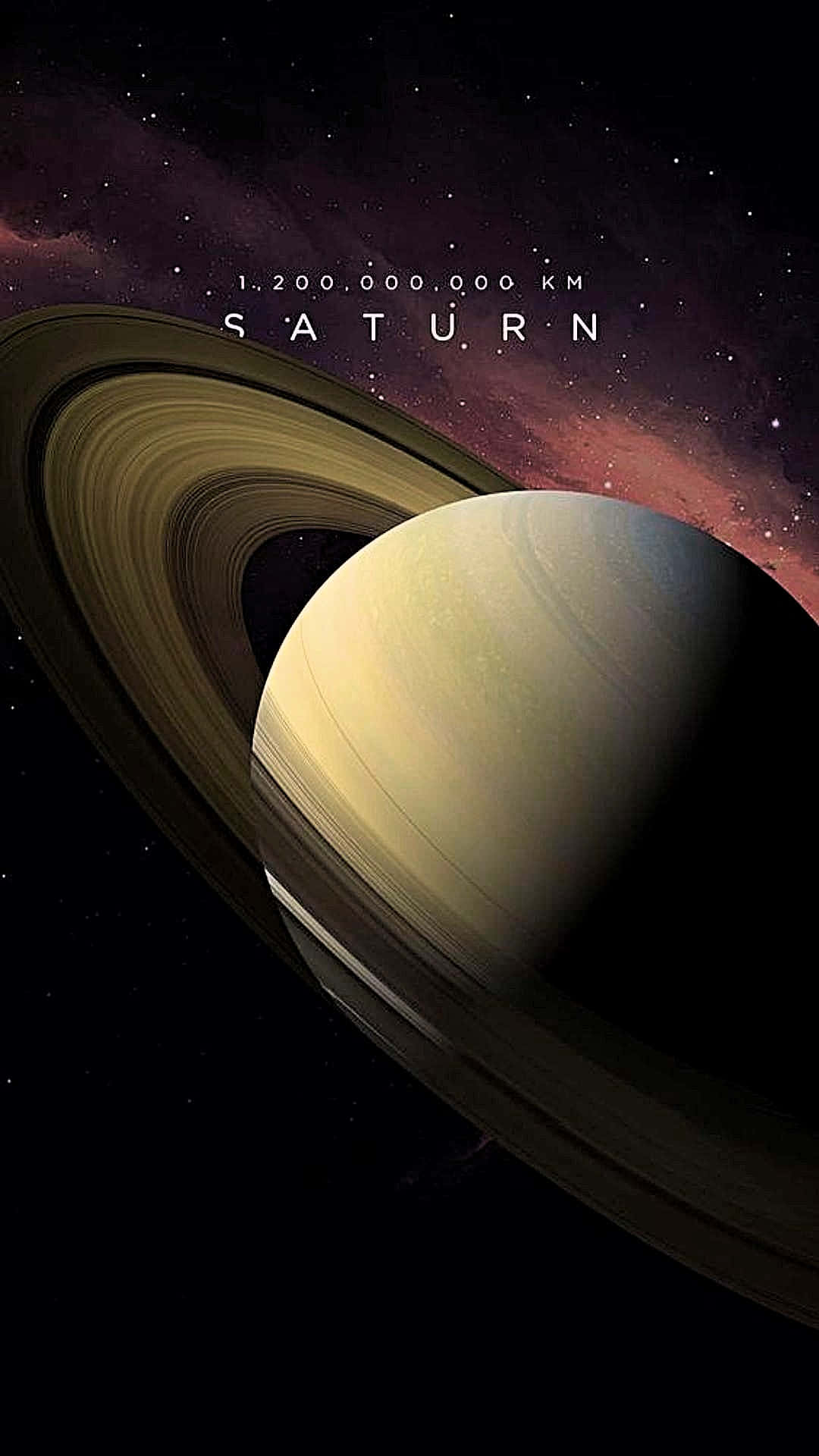 土星 桌布 壁紙 — 雄偉的土星及其標誌性的環在星空宇宙背景上佔據主導地位，並帶有文字疊加。