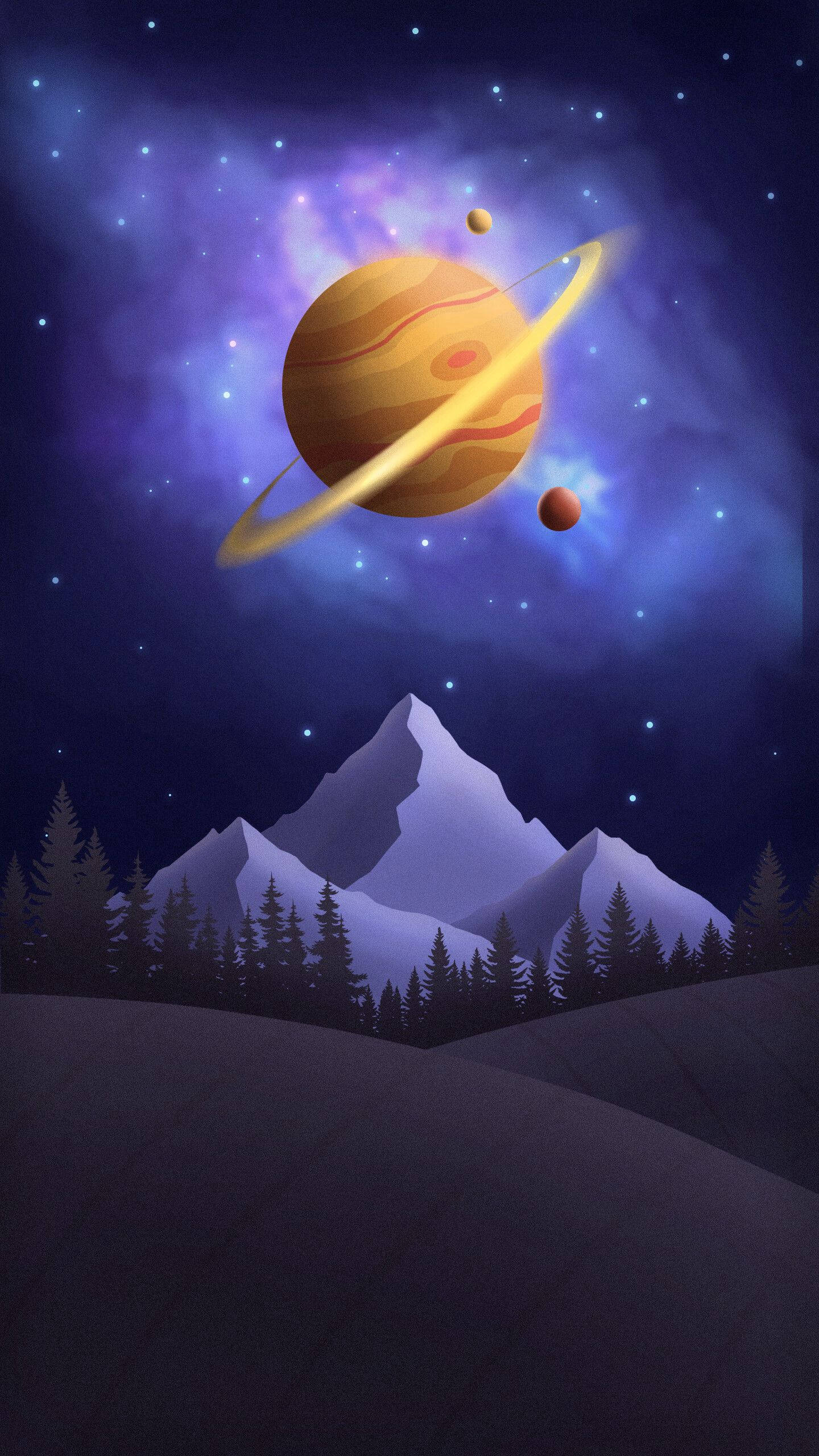土星 桌布 壁紙 — 雄偉的土星帶有光環，在星空宇宙天空下，在白雪覆蓋的山脈上方發光。