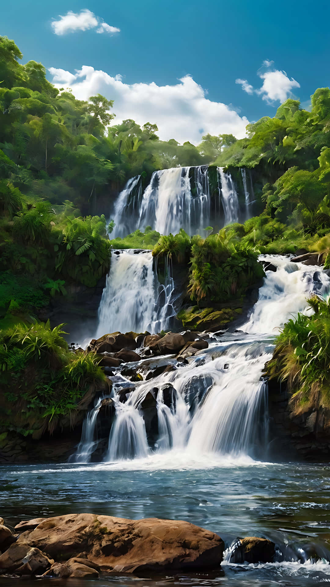 Majestic Waterfall Adventure Under Open Skies. smartphone wallpaper 壁紙 — 雄偉的多層瀑布在茂密的綠色叢林中傾瀉而下，天空湛藍，白雲朵朵。