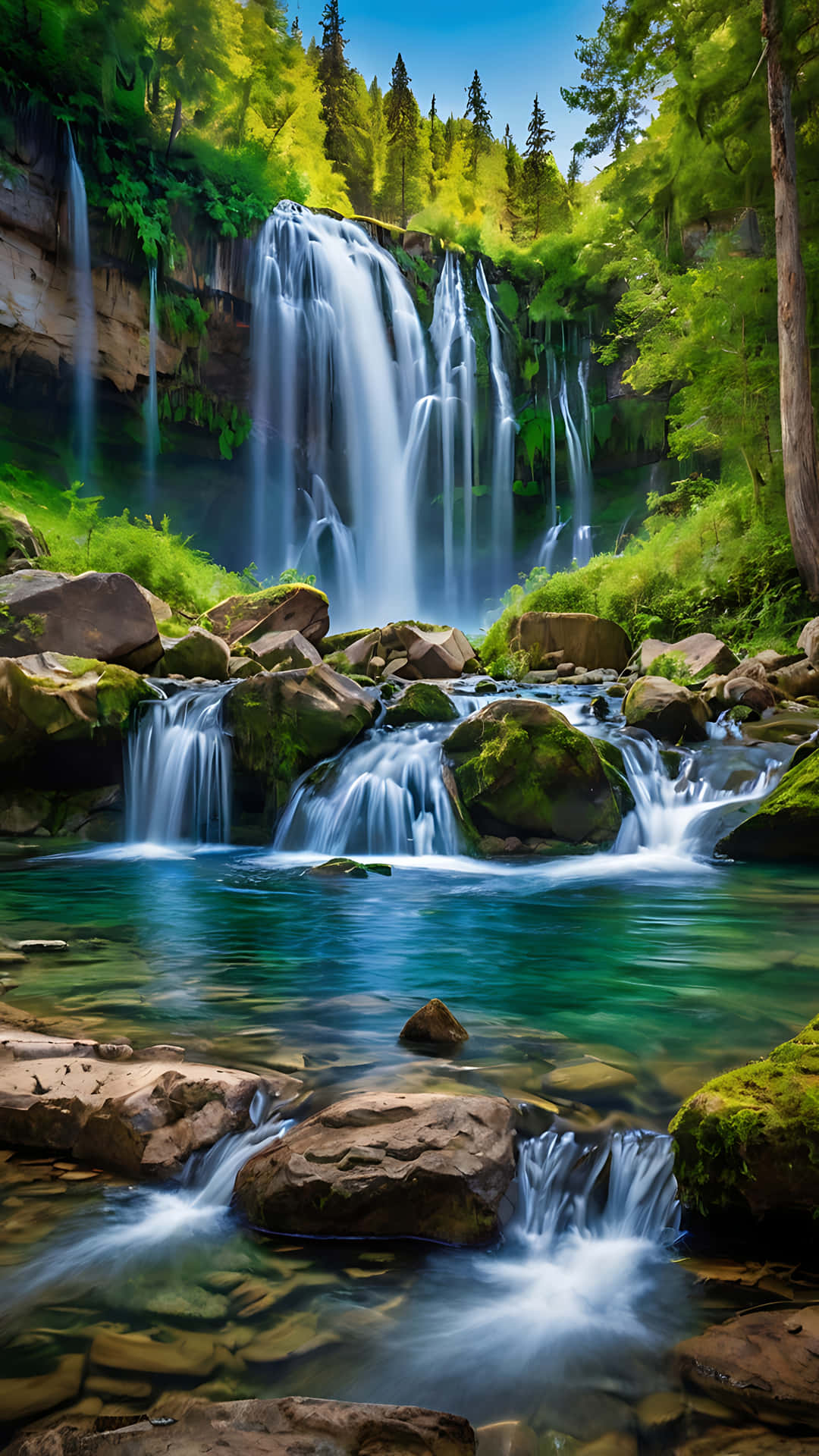 Vibrant Waterfall Haven of Peace and Beauty. smartphone wallpaper 壁紙 — 雄偉的多層瀑布穿過茂密的綠色森林，傾瀉入一個被苔蘚岩石環繞的清澈碧綠水池。
