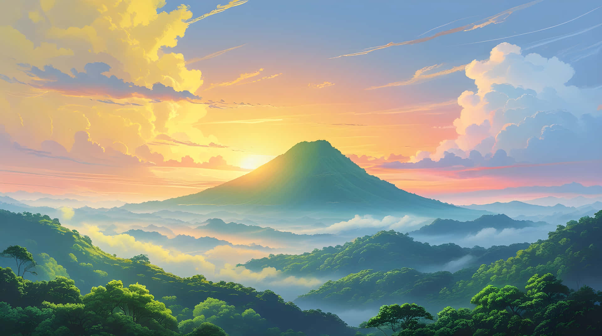 Beautiful sunset moment in green mountain 壁紙 — 雄偉的山峰在日出時從霧海中升起，伴隨著金色的雲彩和下方生機勃勃的綠色森林。