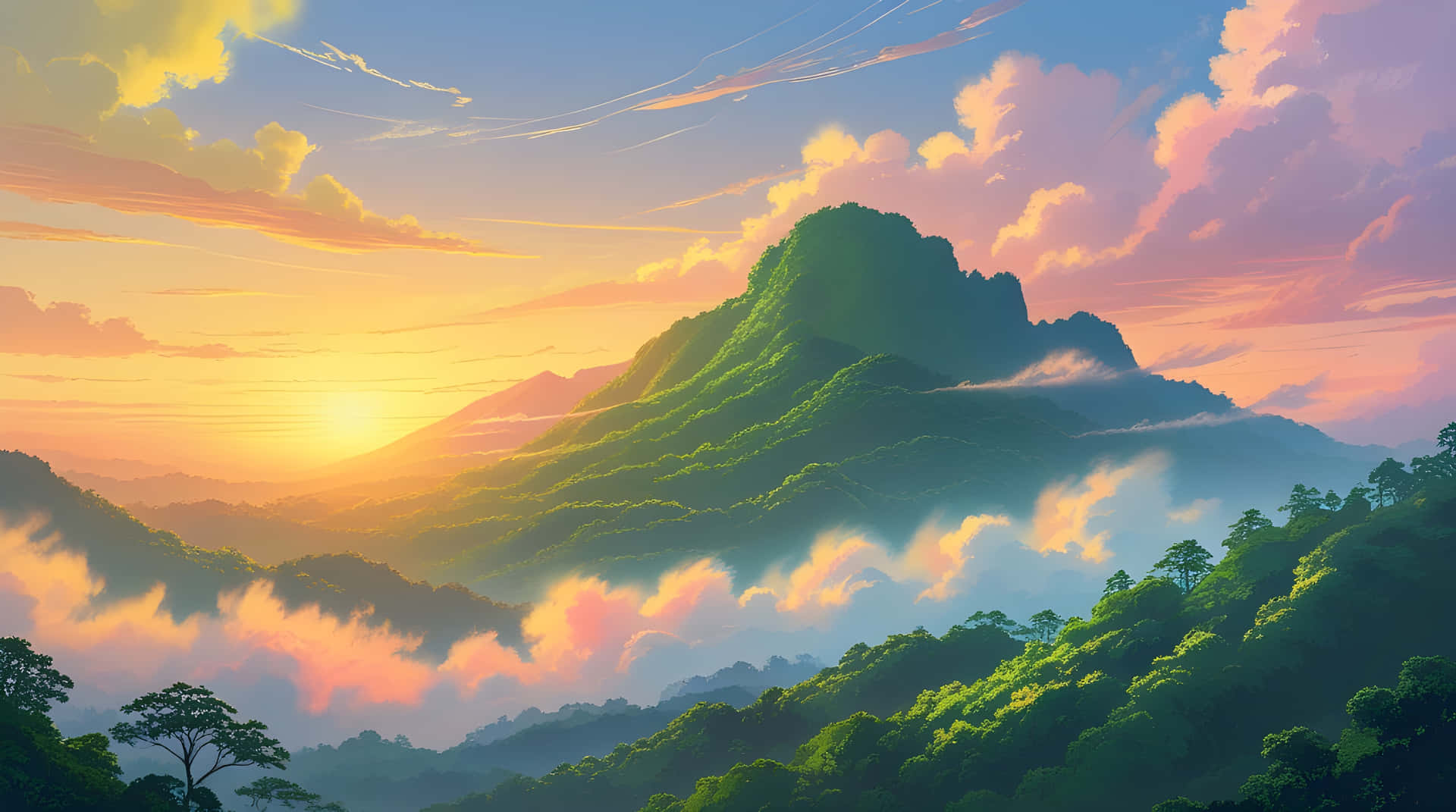 Sunset moment in green mountain 壁紙 — 雄偉的山峰在日出時穿過霧氣瀰漫的山谷升起，金色的光芒在鬱鬱蔥蔥的綠色森林上繪出粉紅色和橙色的雲彩。