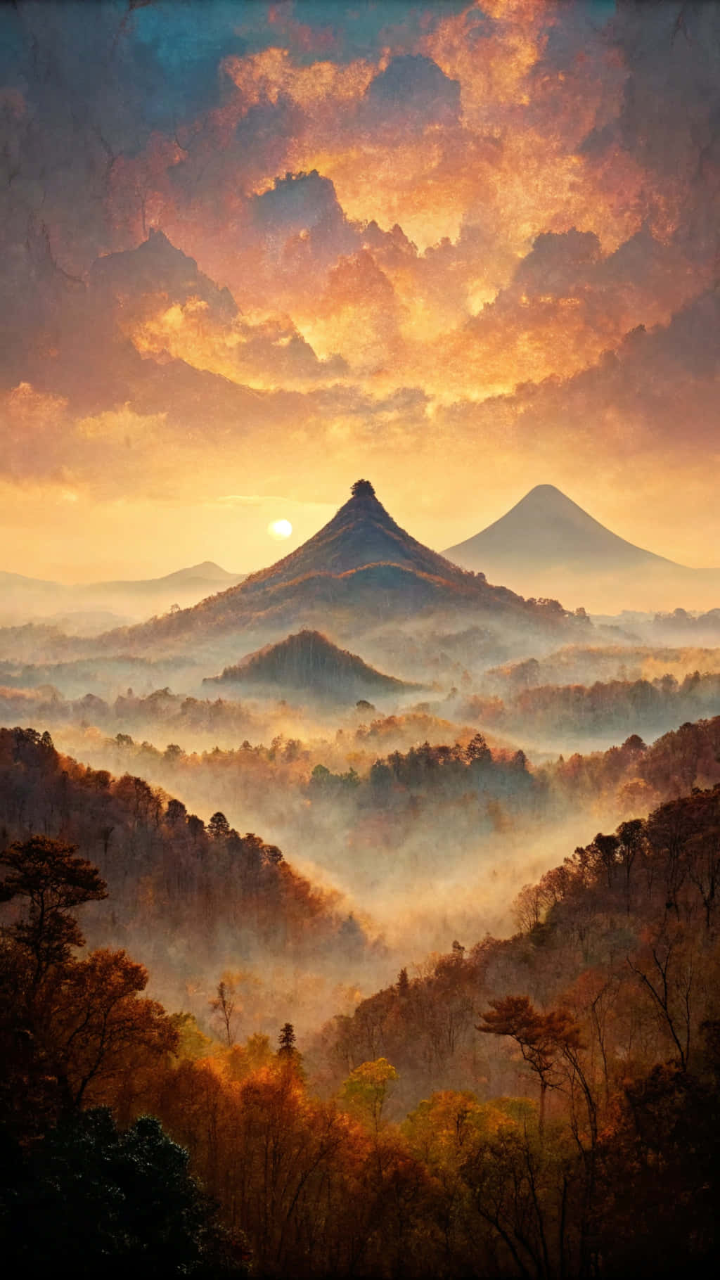 抽象 桌布 壁紙 — 雄偉的山峰在日出時穿過霧氣瀰漫的山谷升起，上方有火紅色的橙雲。