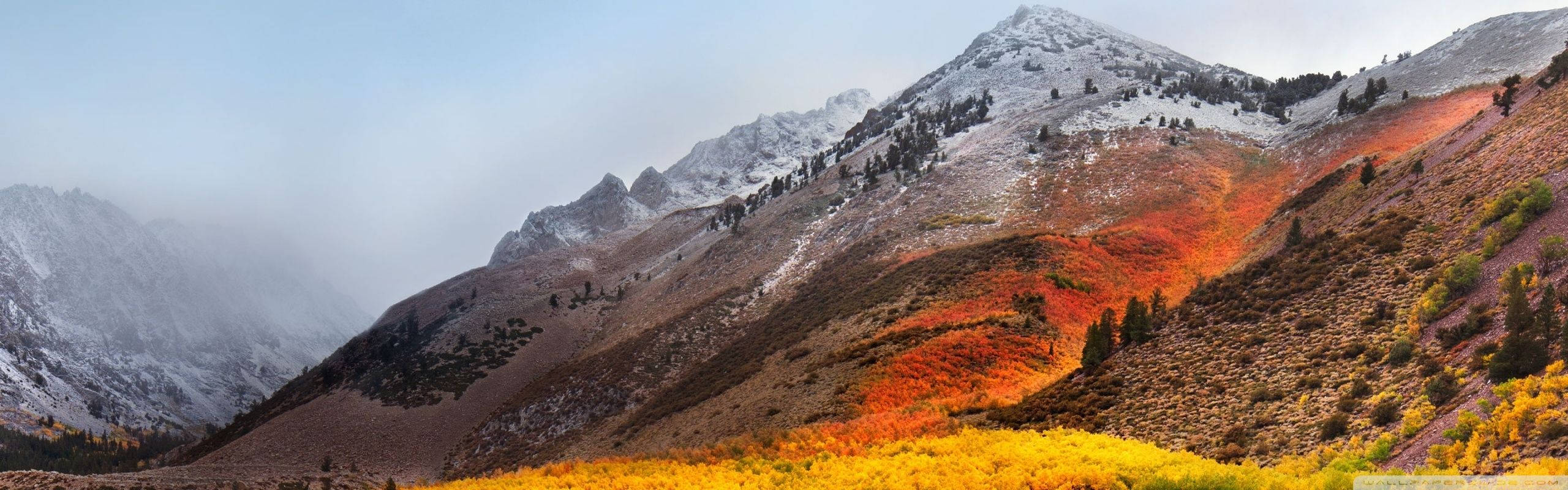 Mac 桌布 壁紙 — 雄偉的山脈，白雪覆蓋的山峰和鮮豔的秋葉在柔和陽光下閃耀。