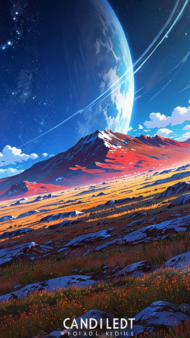 A rugged planet with vast rocky plain anime wallapaers 壁紙 — 雄偉的山脈沐浴在熾熱的日落色調中，在巨大的行星和劃過星空的彗星下升起。