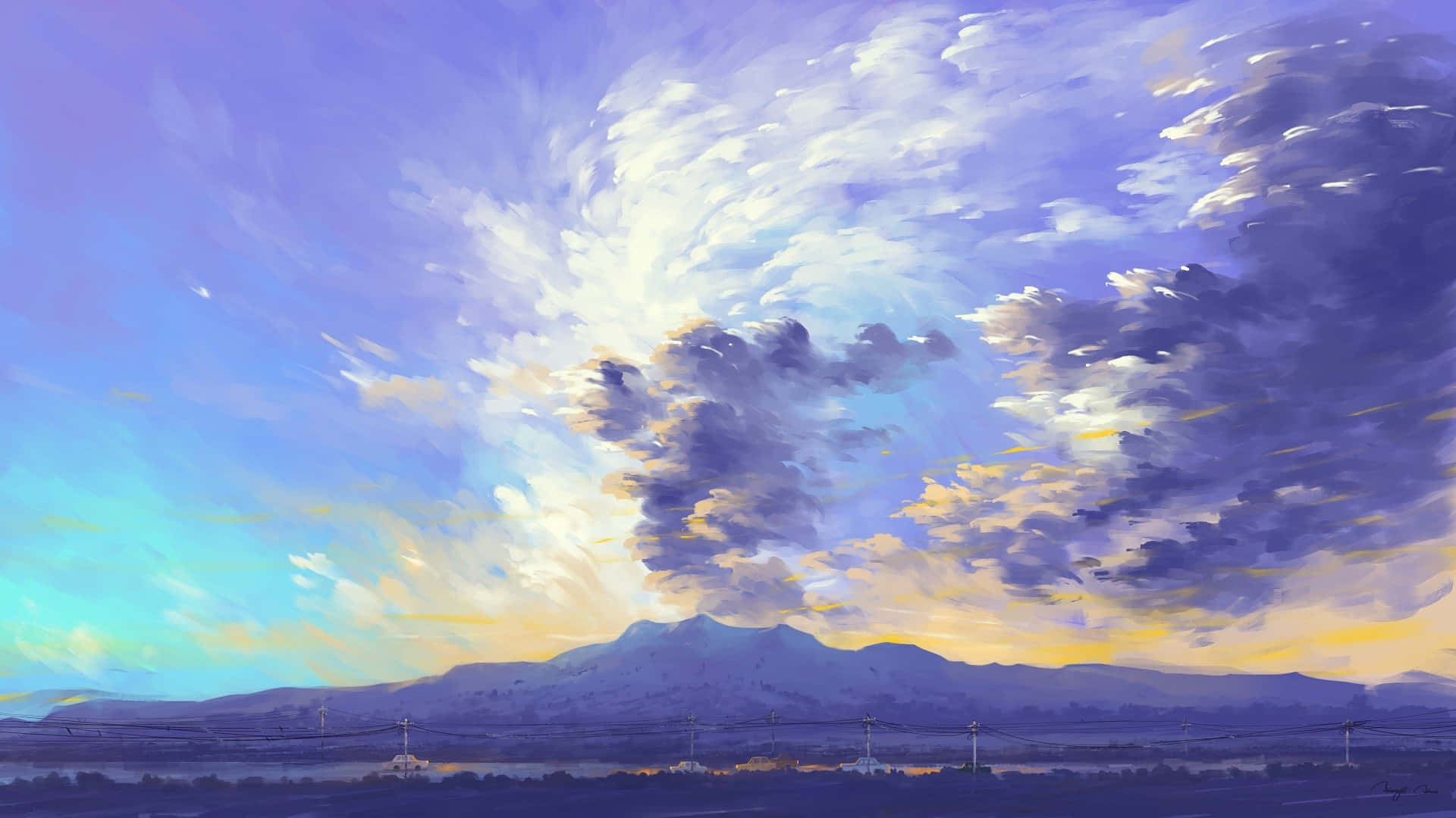 Cloud 桌布 壁紙 — 雄偉的山脈沐浴在金色的夕陽光下，廣闊的天空中繪有旋轉的紫色和藍色雲彩。