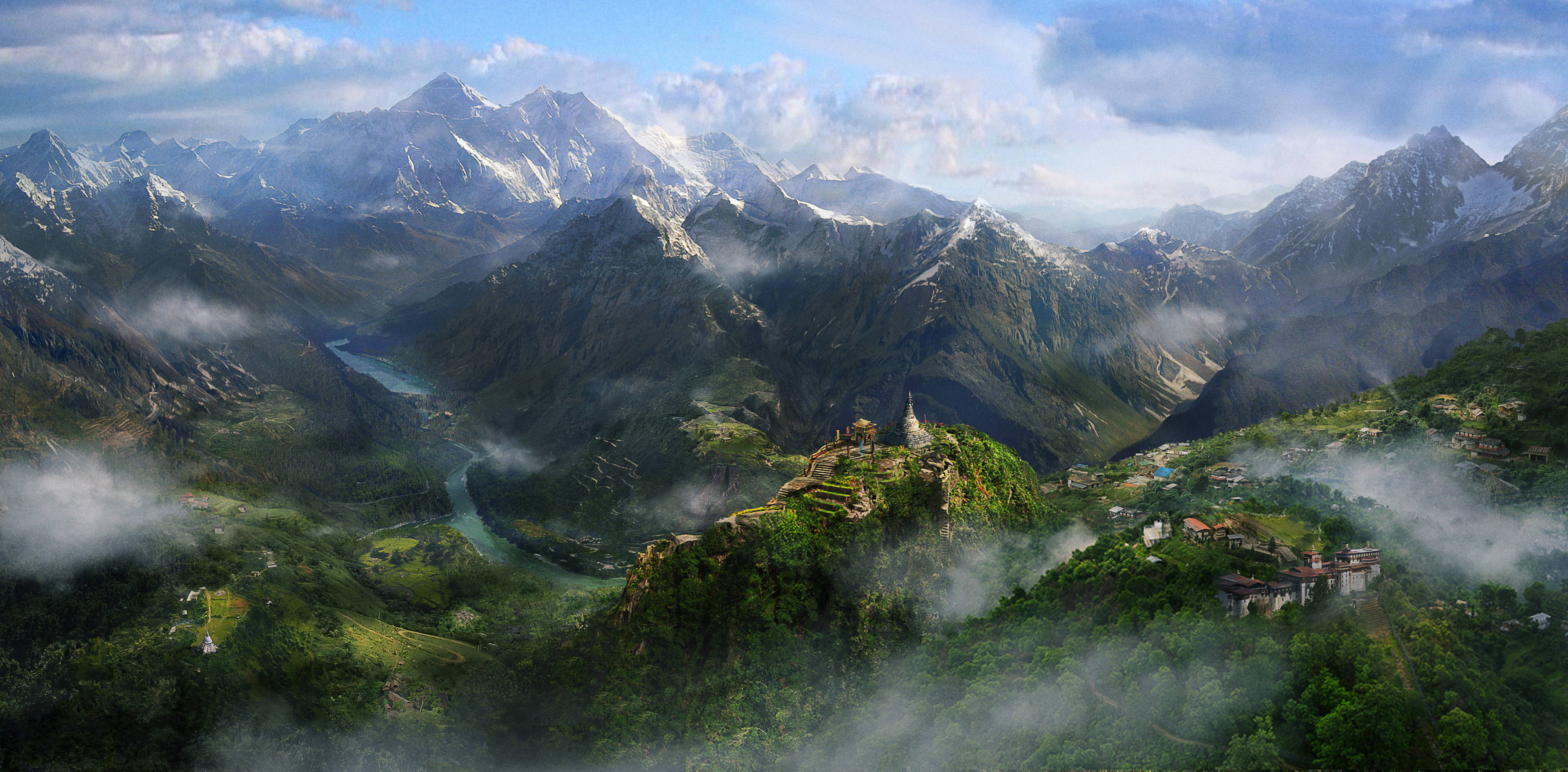 Far Cry 4 桌布 壁紙 — 雄偉的山谷，有白雪皚皚的山峰、霧氣繚繞的雲彩，以及蜿蜒的河流，下方是一座寺廟，坐落在鬱鬱蔥蔥的綠色懸崖上。
